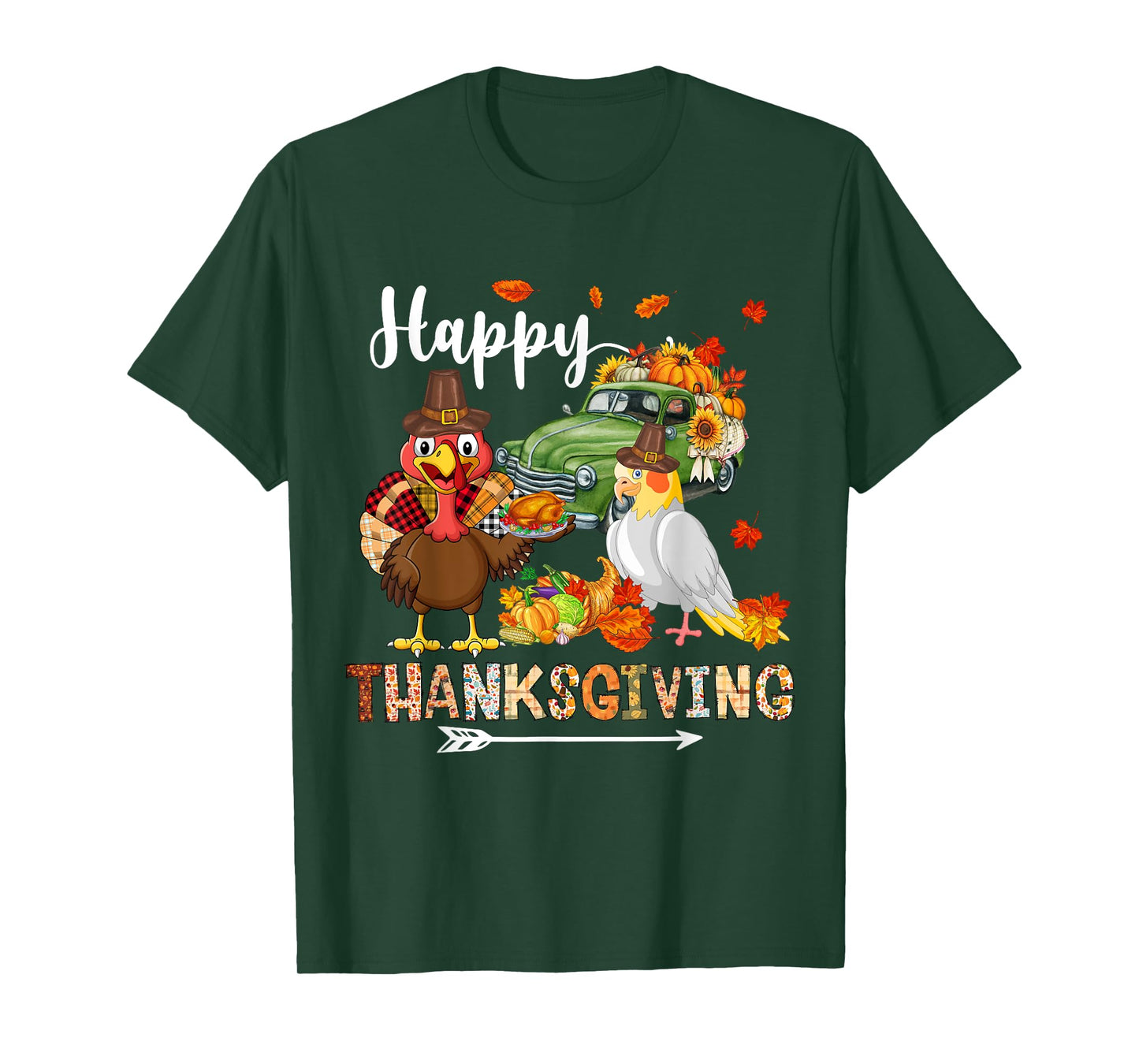 Happy Thanksgiving Cockatiel Turkey Pickup Truck Pumpkins T-Shirt