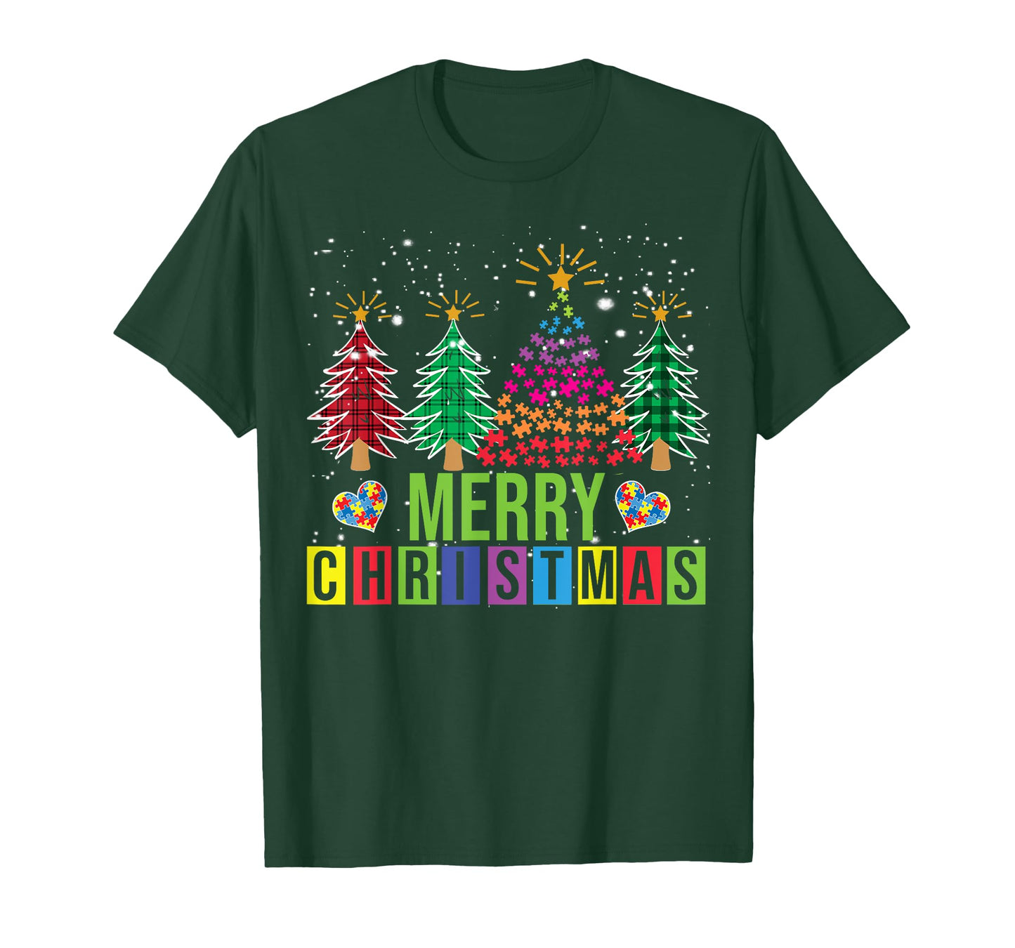 Autism Merry Christmas Tree Buffalo Plaid Matching Family T-Shirt
