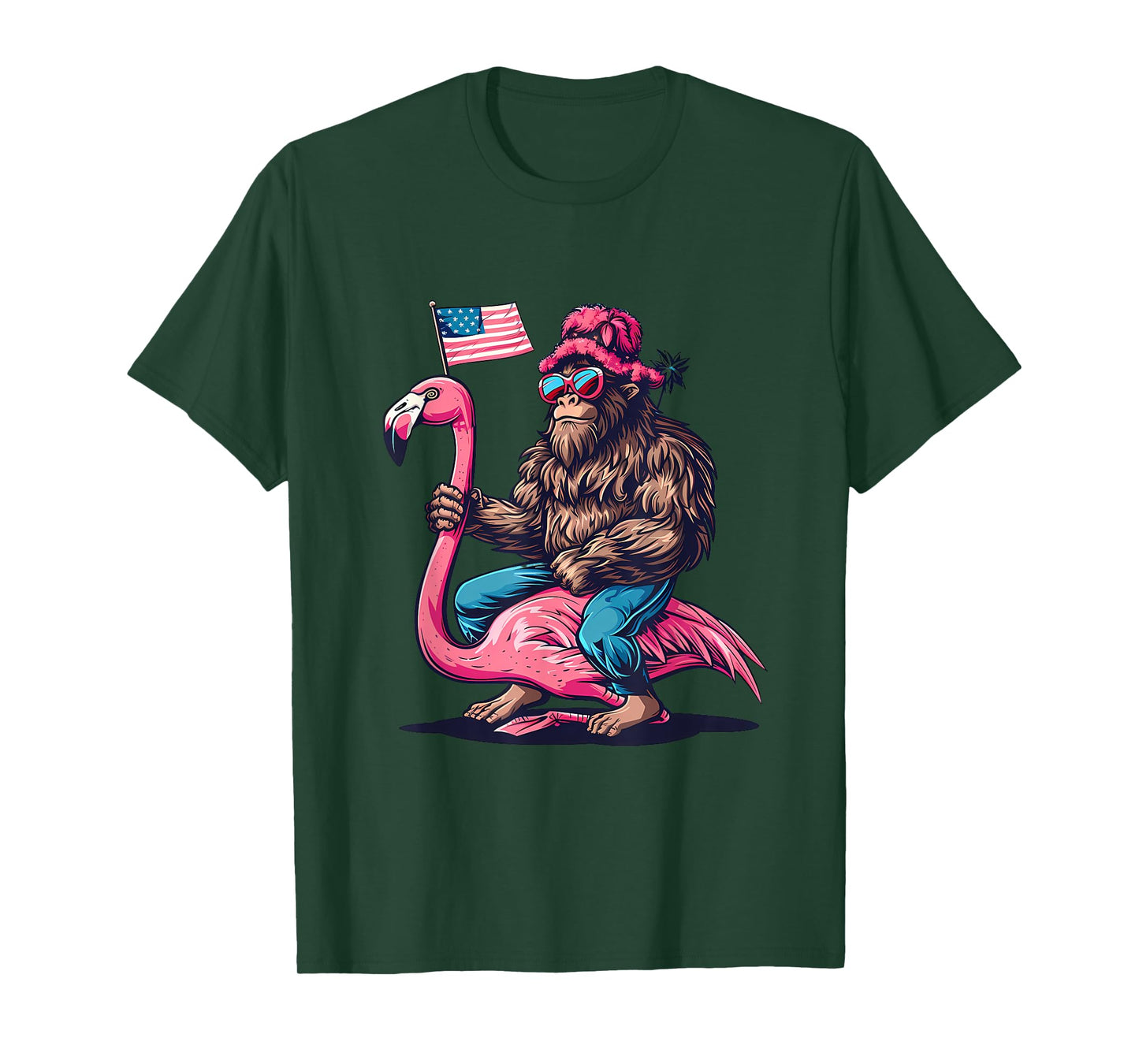 4th Of July Funny Bigfoot Flamingo American Flag USA T-Shirt