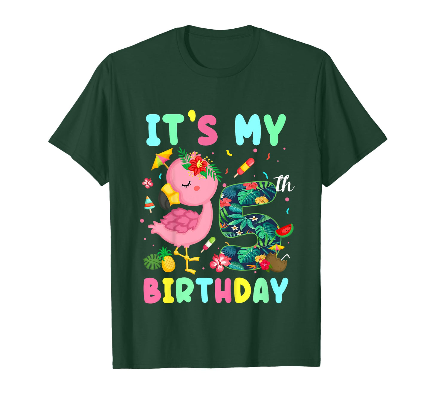 Kids It's My 5th Birthday Flamingo Shirt Hawaii 5 Yrs Old Girl T-Shirt