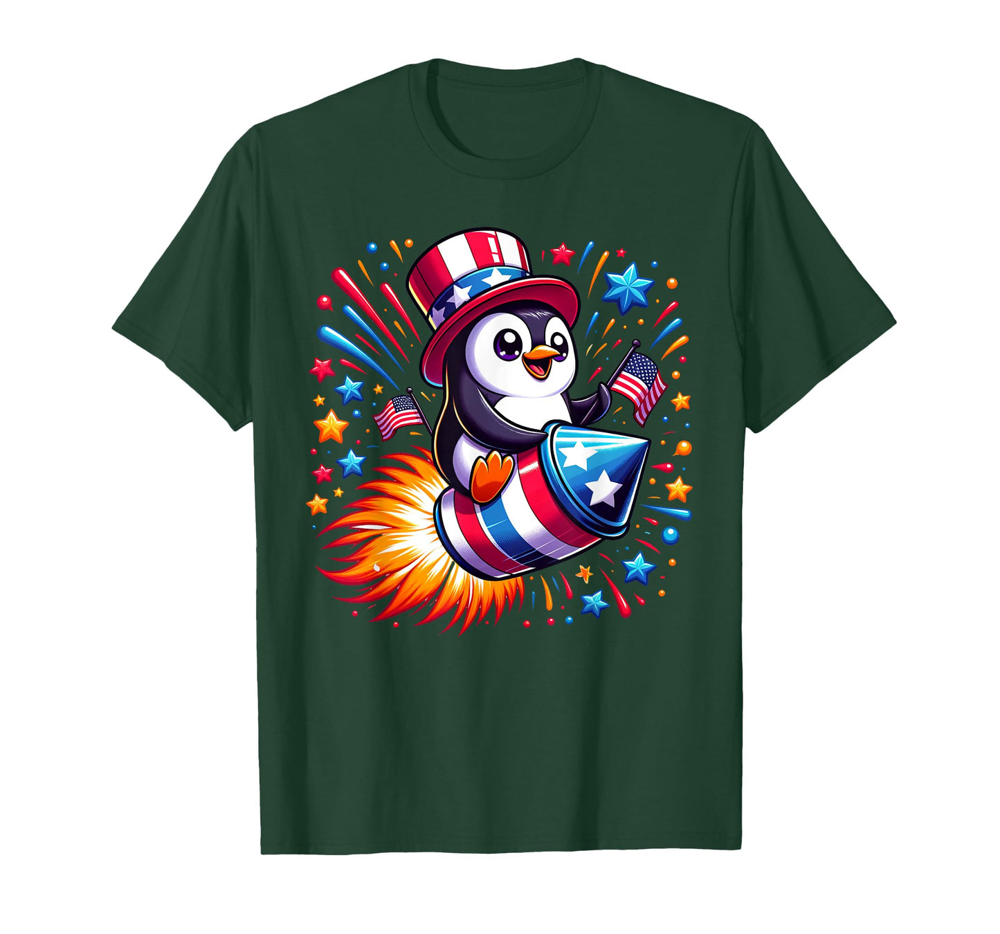 Cute Penguin 4th July Fireworks American USA Flag Boys Girls T-Shirt