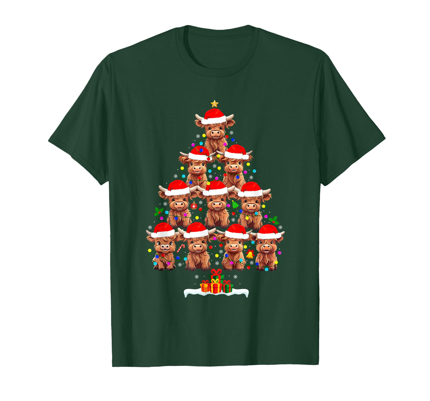 Scottish Highland Cow Christmas Tree Lights Xmas Pajamas T-Shirt