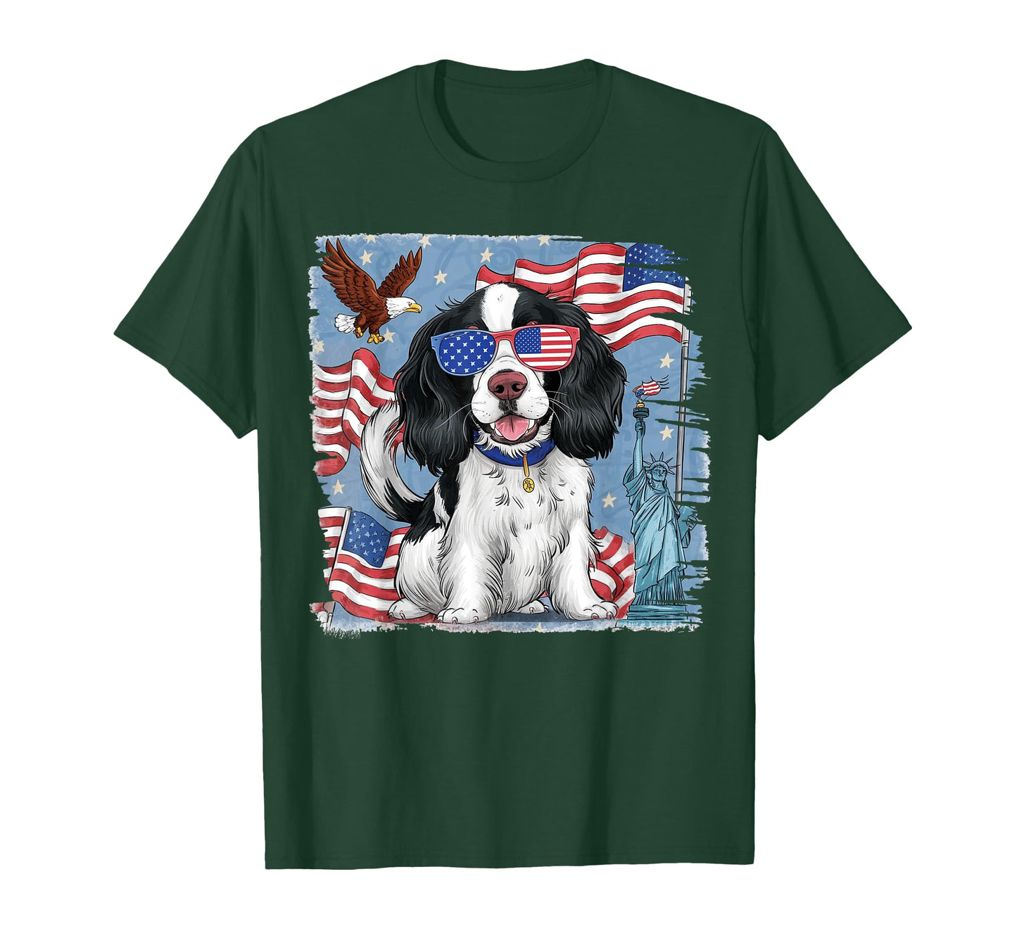 English Springer Spaniel Dog with American Flag 4th of July Women Kids Men T-Shirt