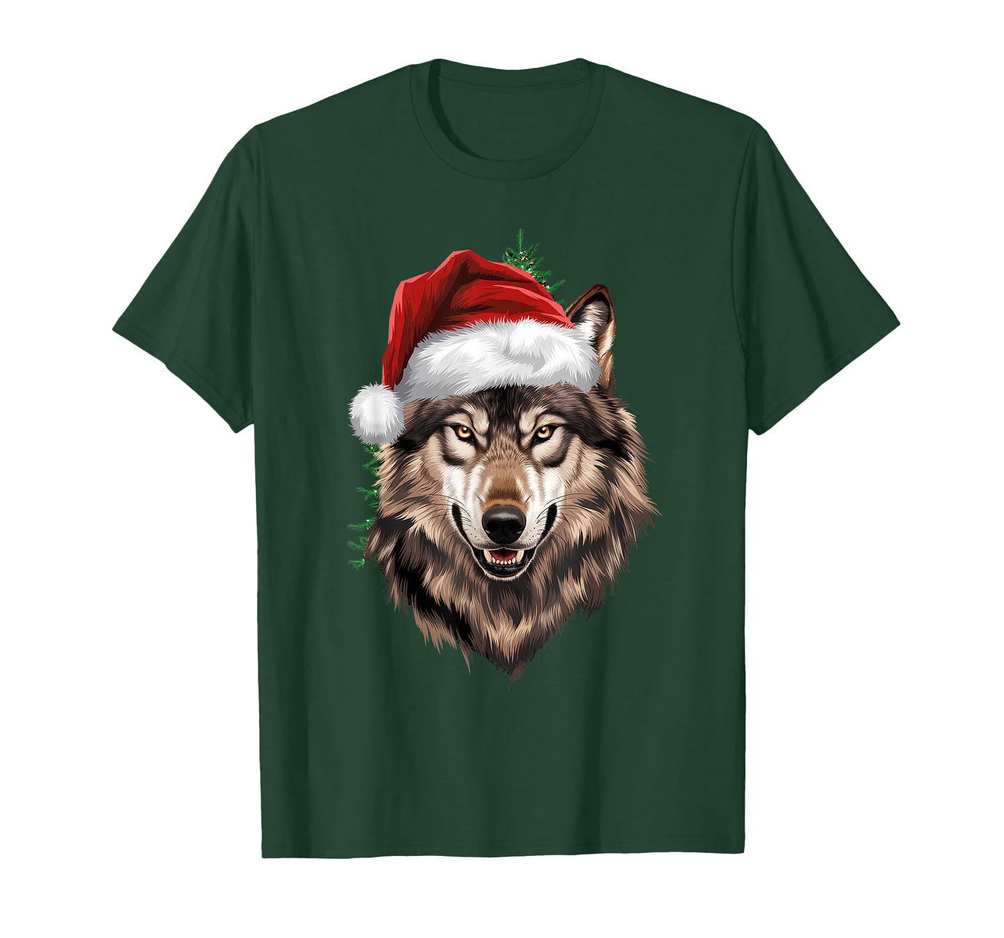 Wolf Christmas Funny Xmas tree Wearing Santa Hat T-Shirt