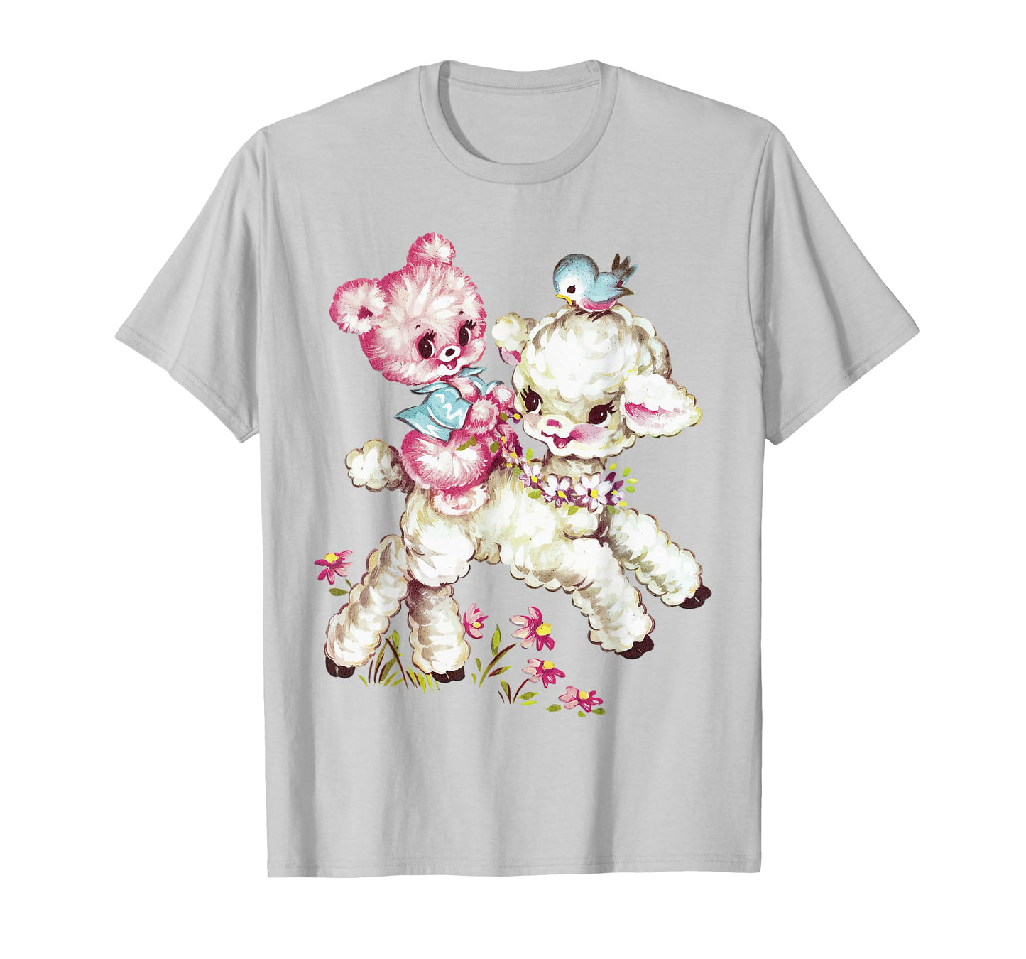 Vintage Easter Cute Lamb Bear Spring Flowers Retro Vintage T-Shirt