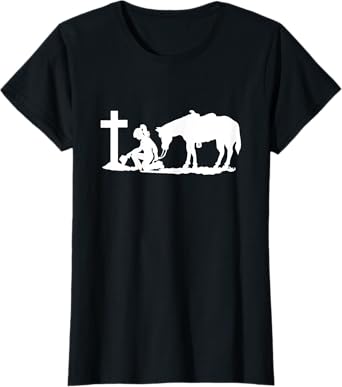 Cowgirl and a Horse Praying Cross Western Women T-Shirt