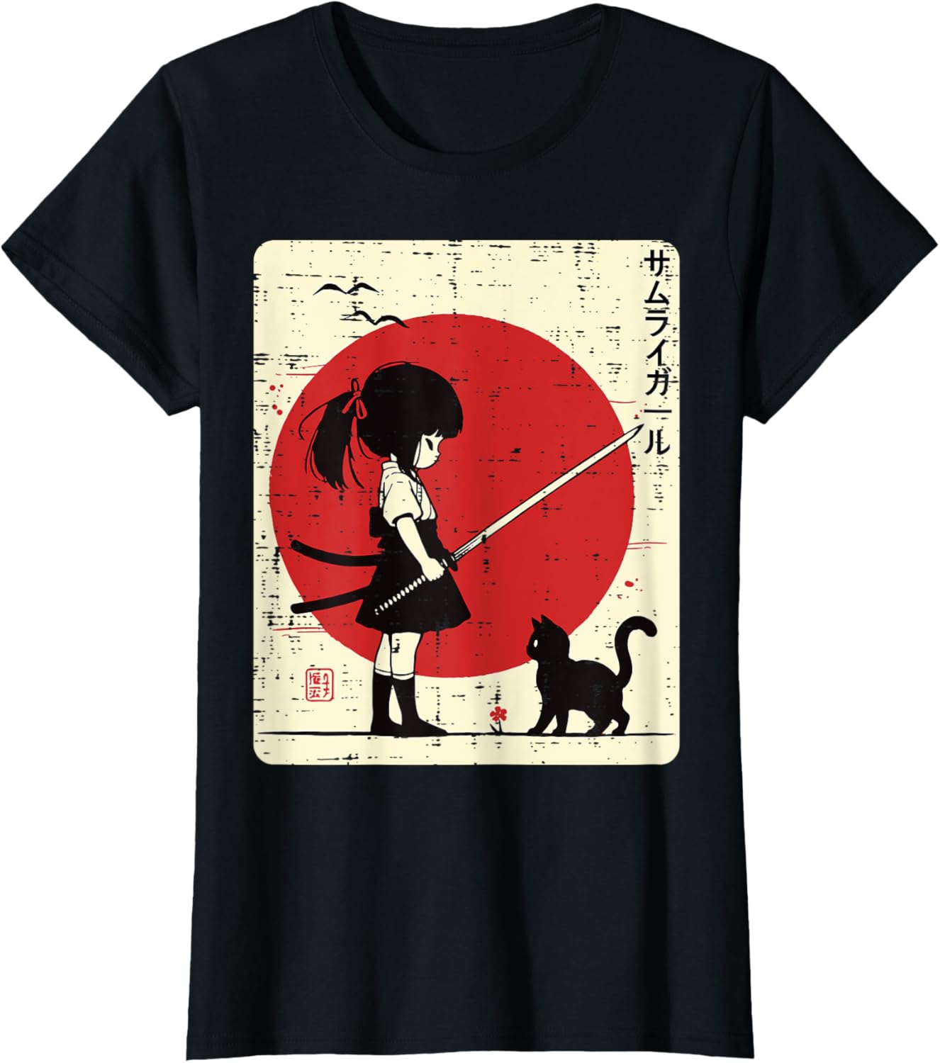 Japanese Samurai Girl Black Cat Kawaii Anime Girls Kid Women T-Shirt