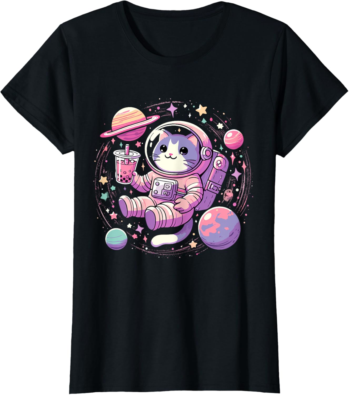 Kawaii Cat Bubble Tea Boba Tea In Space Astronaut T-Shirt