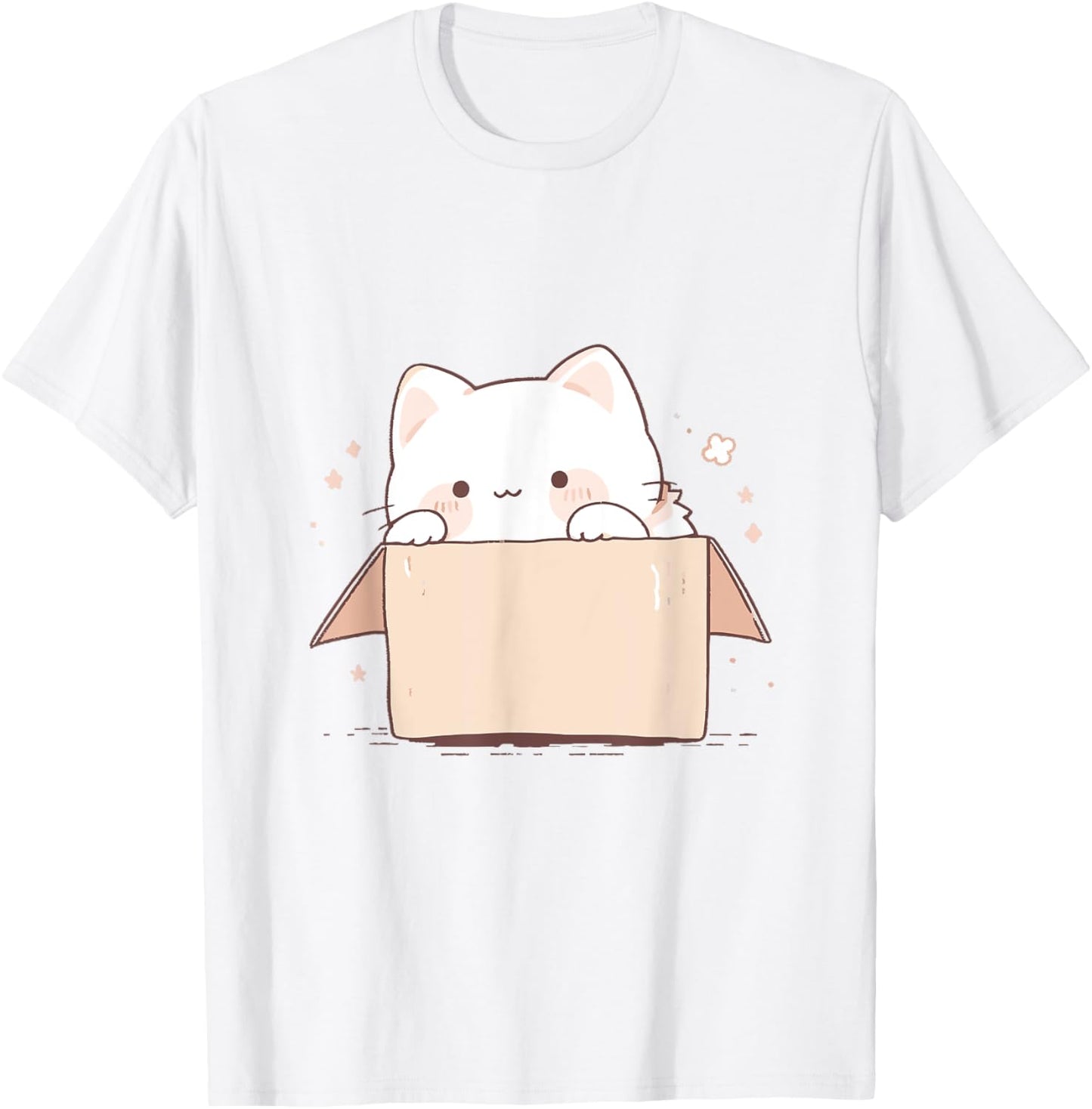 Cute White Cat in a Box Japanese Kawaii Cartoon Graphic T-Shirt