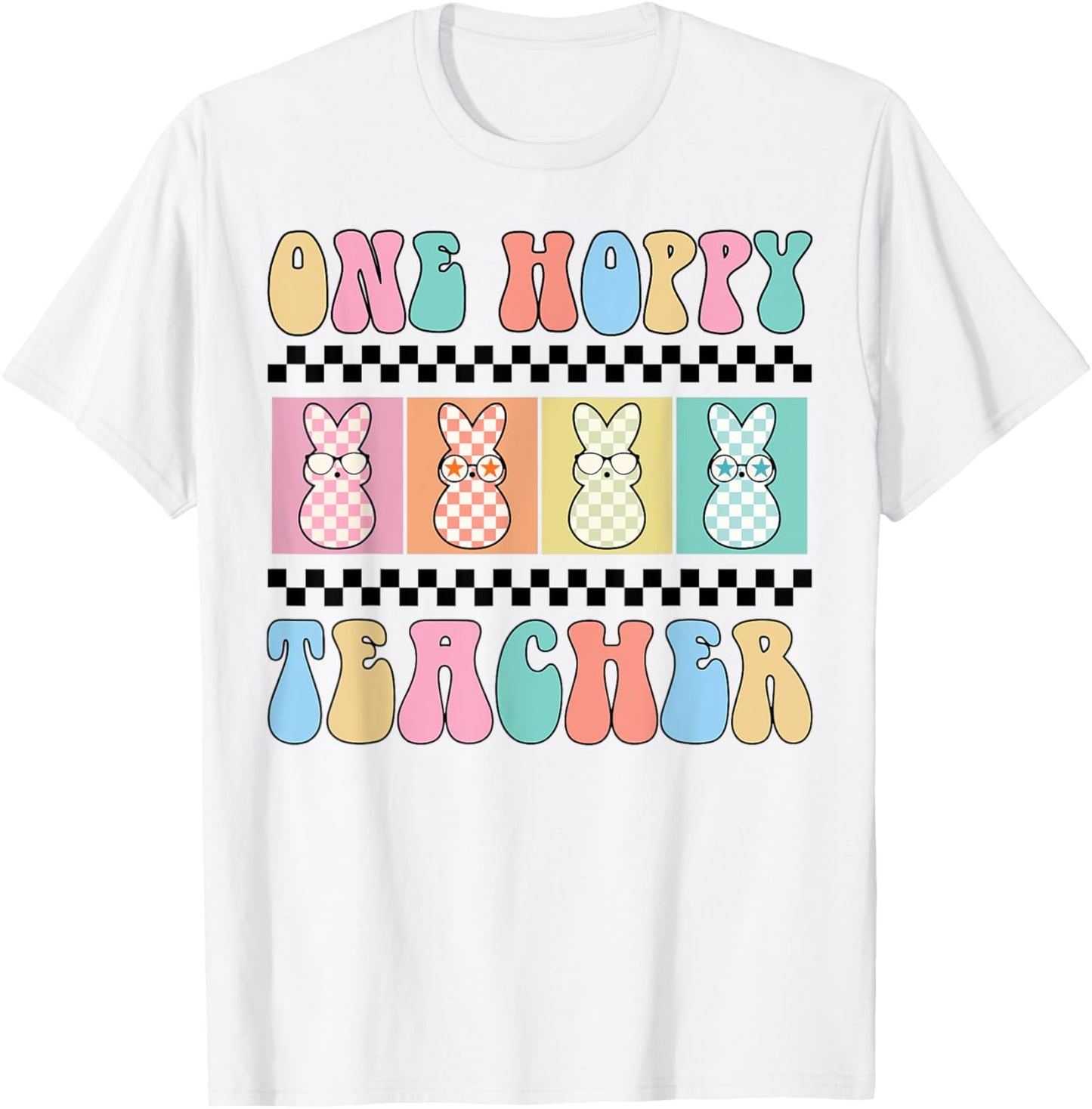 One Hoppy Teacher Bunny Easter Day Groovy Retro Boy Girl T-Shirt