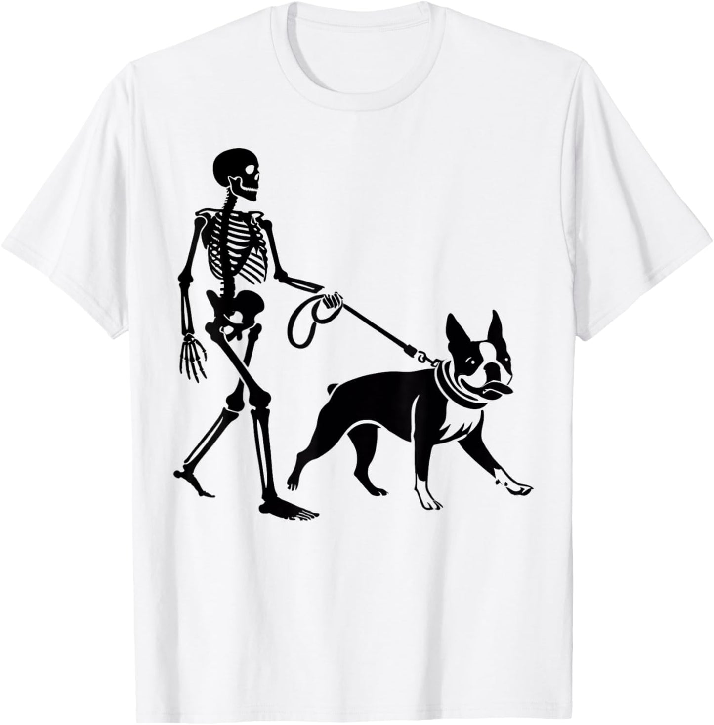 Funny Halloween Skeleton Walking Boston Terrier Dog Lover T-Shirt