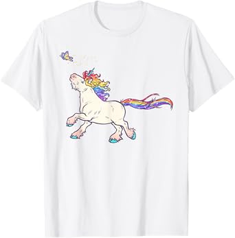 Cute Rainbow Unicorn Chasing Butterfly - T-Shirt