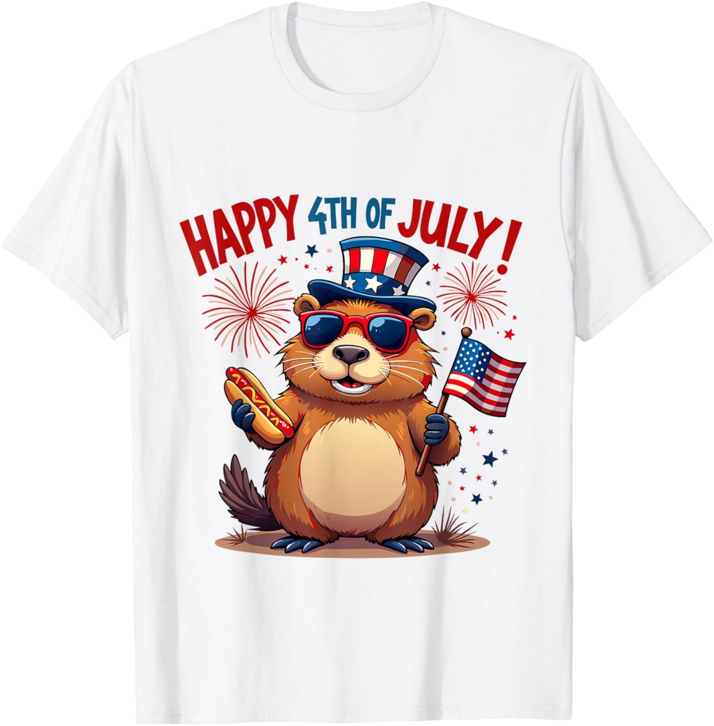 Happy 4th of July Capybara Holding Hot Dog and American Flag T-Shirt