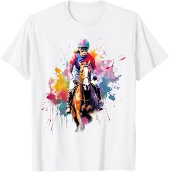 Colorful Jockey Girl on Womens Horse Racing T-Shirt