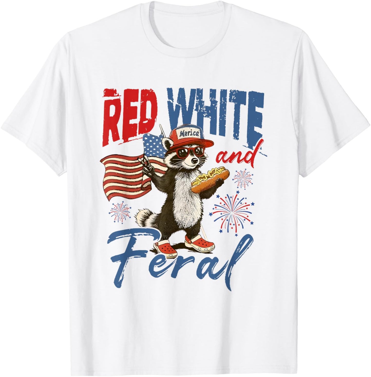 Vintage Red White and Feral Funny Raccoon Hotdog 4th of July T-Shirt