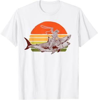 Shark Lover Rodeo Cowboy Riding Great White Vintage Funny T-Shirt
