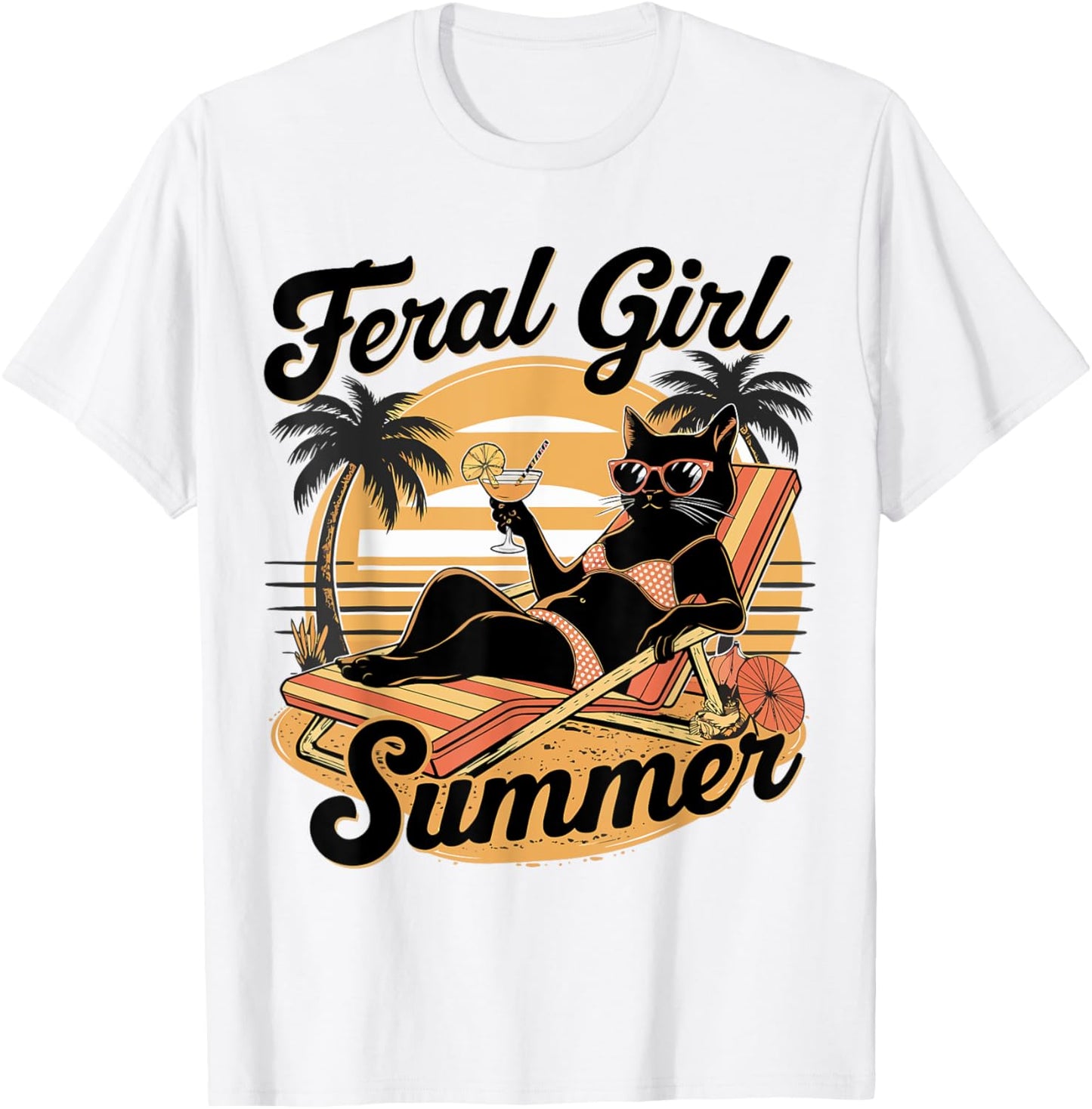 Retro Feral Girl Summer Cat for Beach Lovers T-Shirt