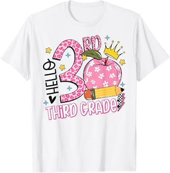 Hello 3rd Third Grade Back To School Pink Leopard Teacher Men Women Girls Kids T-Shirt