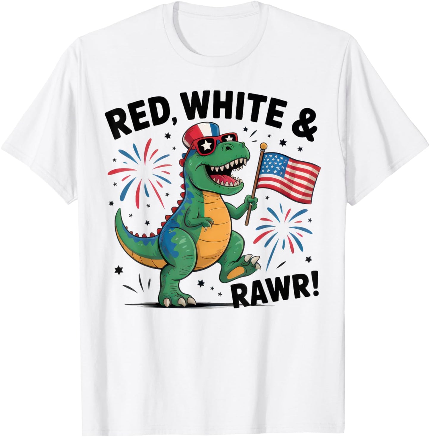 Red White And Rawr Dinosaur T Rex Fireworks 4th Of July T-Shirt