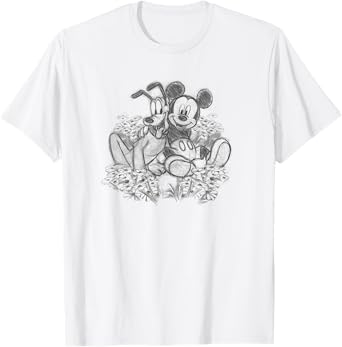 Disney Mickey & Friends Mickey And Pluto Floral Sketch T-Shirt