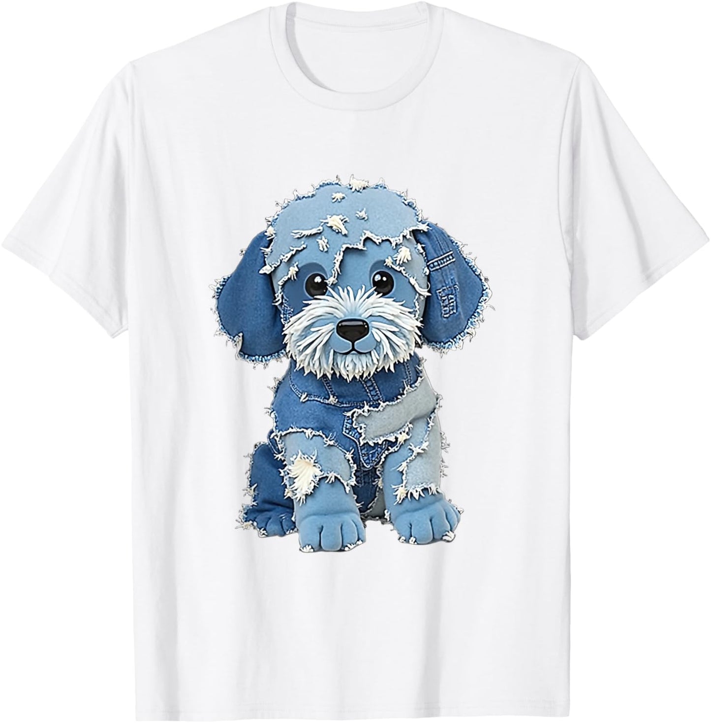 Retro Funny Denim Patch Animal Dog Print T-Shirt