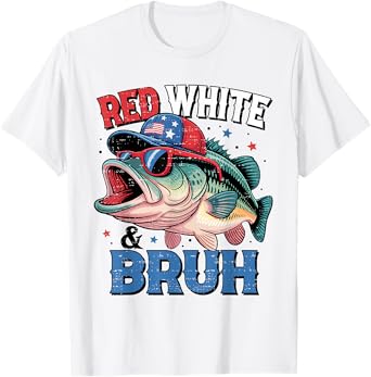 Red, White & Bruh America Boys Fishing Fisherman 4th Of July T-Shirt