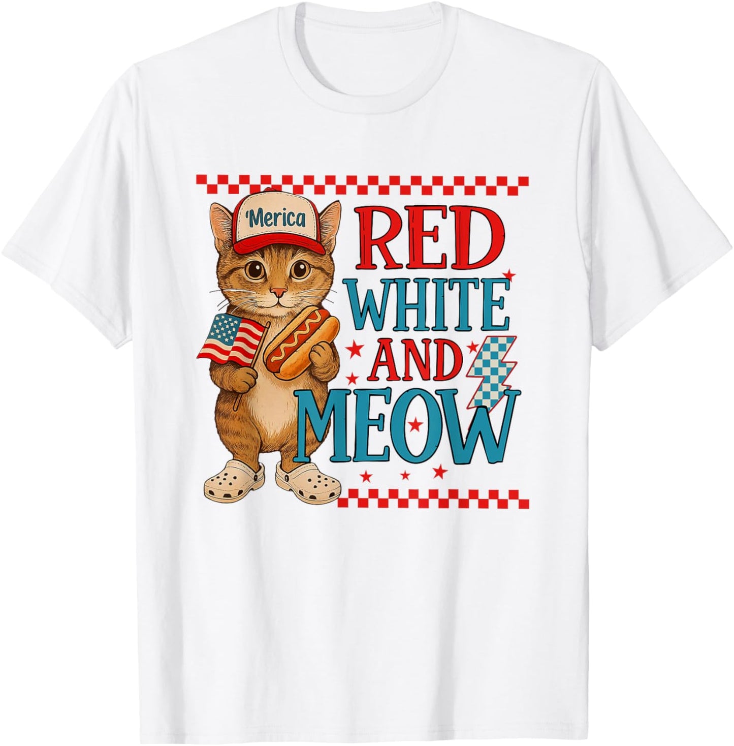 Red White and Meow Cat Hotdog Funny USA 4th of July T-Shirt