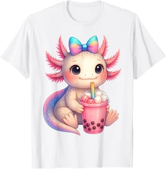 Cute Anime Kawaii Axolotl Boba Bubble Tea Women Girls Kids T-Shirt