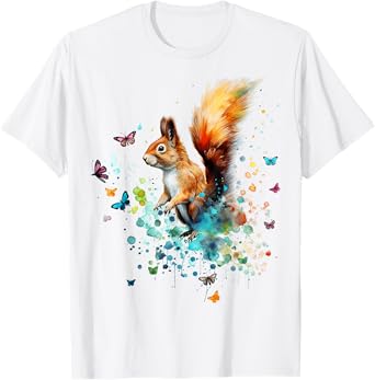 Squirrel Colorful Animal Art Buttefly Graphic Squirrel T-Shirt
