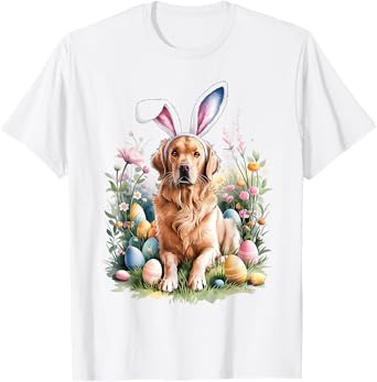 Golden Retriever Dog Bunny Ears Easter Eggs Spring Flowers T-Shirt