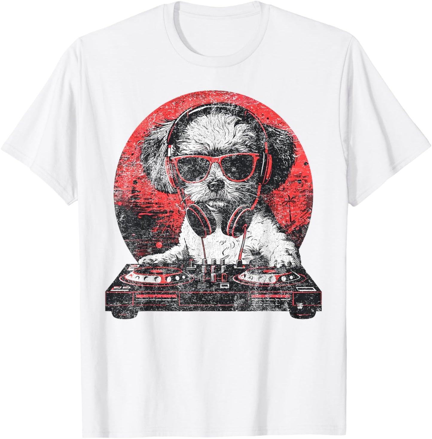 Funny Retro Cool House DJ Shih Tzu Dog Disco Headphone Tech T-Shirt