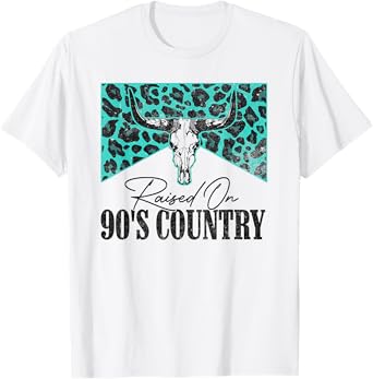 Vintage Leopard Bull Skull Raised On 90's Country Music T-Shirt
