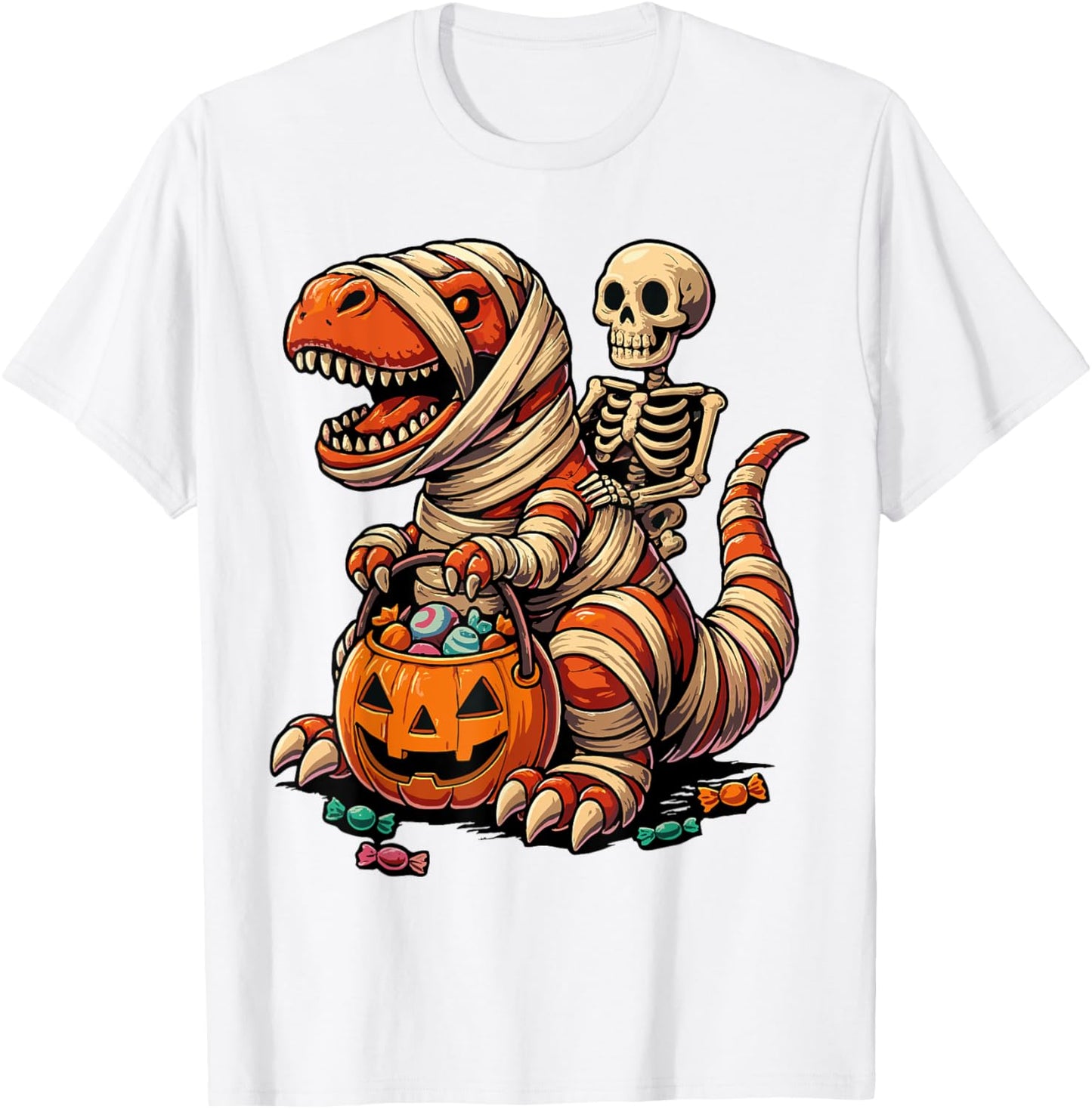 Skeleton Riding Mummy Dinosaur T rex Halloween Funny Pumpkin T-Shirt