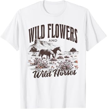 Wild Horses Wildflowers Western Cowgirl on Horse Cowboy T-Shirt