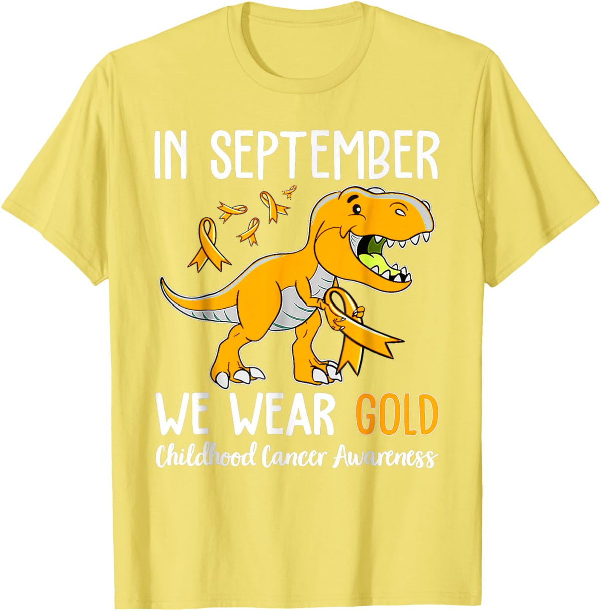 We Wear Gold Childhood Cancer Awareness Ribbon Dinosaur T-Shirt
