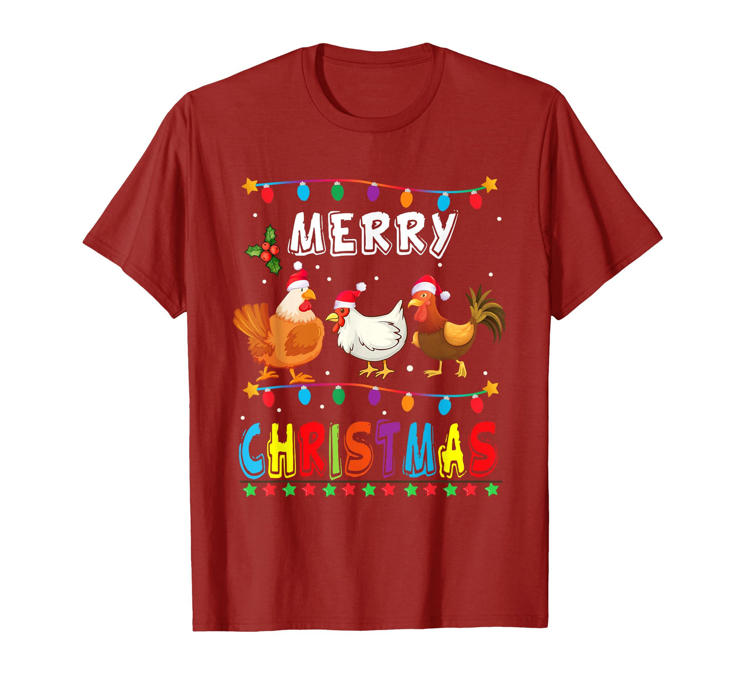 Merry Christmas Chicken Shirt Santa Hat Lights Xmas Funny T-Shirt