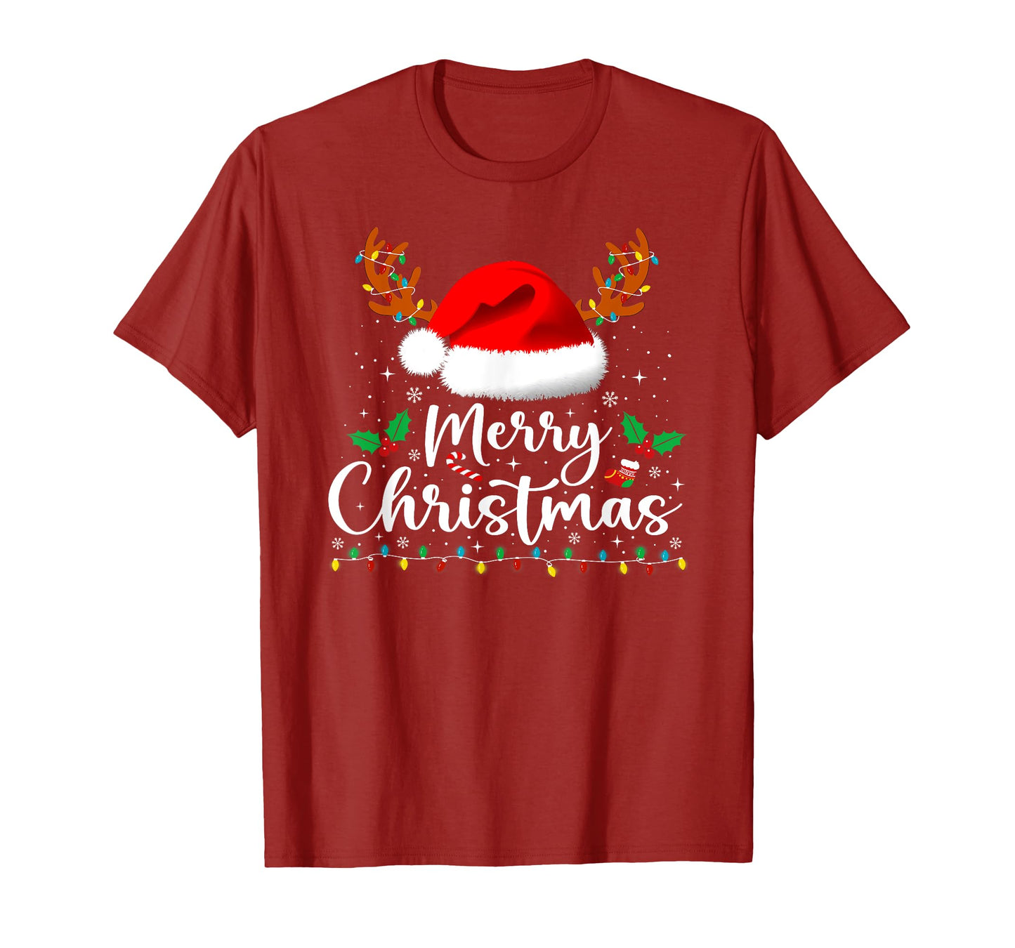 Merry Christmas Reindeer Funny Family Men Women Xmas Lights T-Shirt