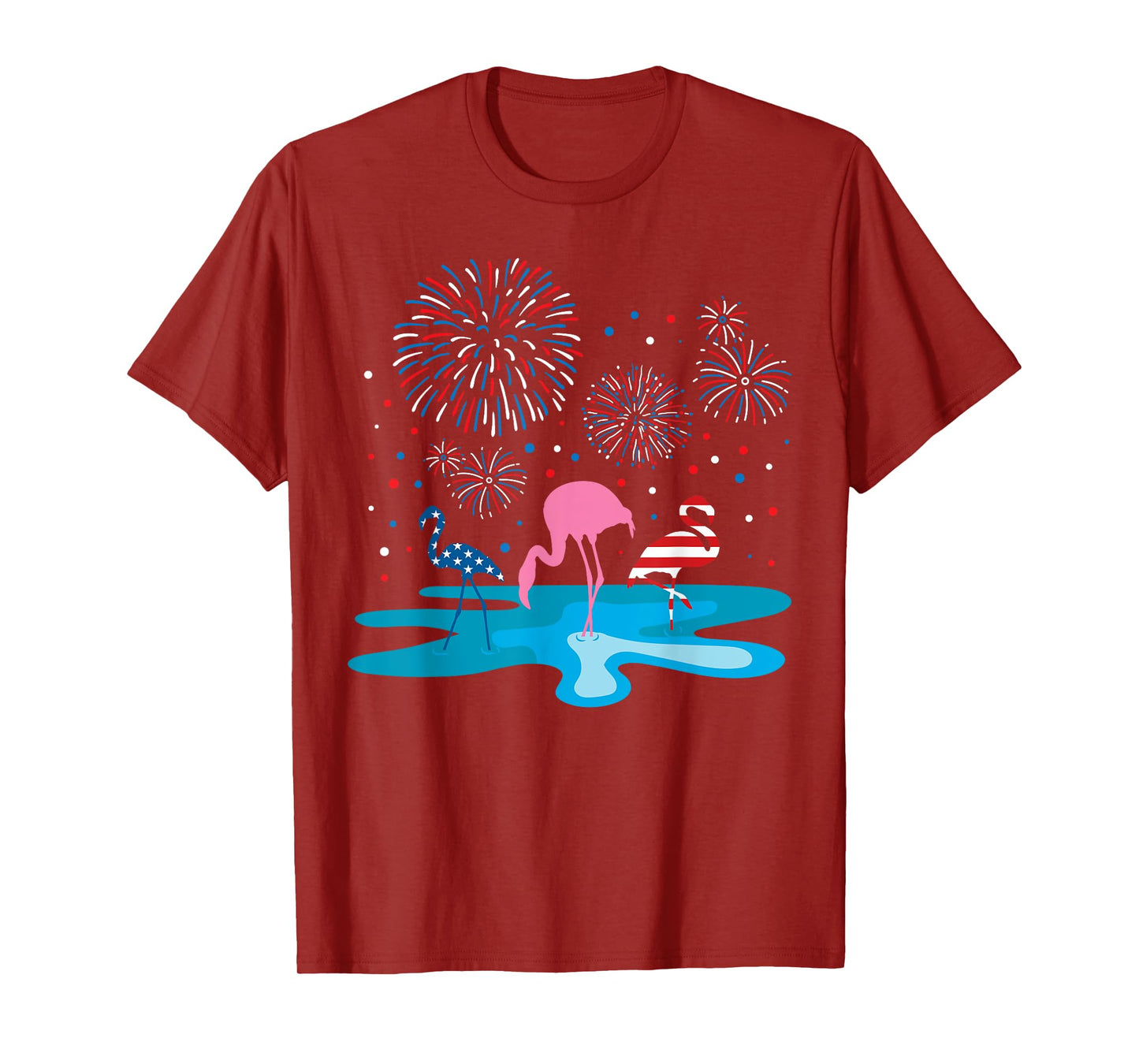 Flamingo 4th of July Fireworks Patriotic American USA Flag T-Shirt