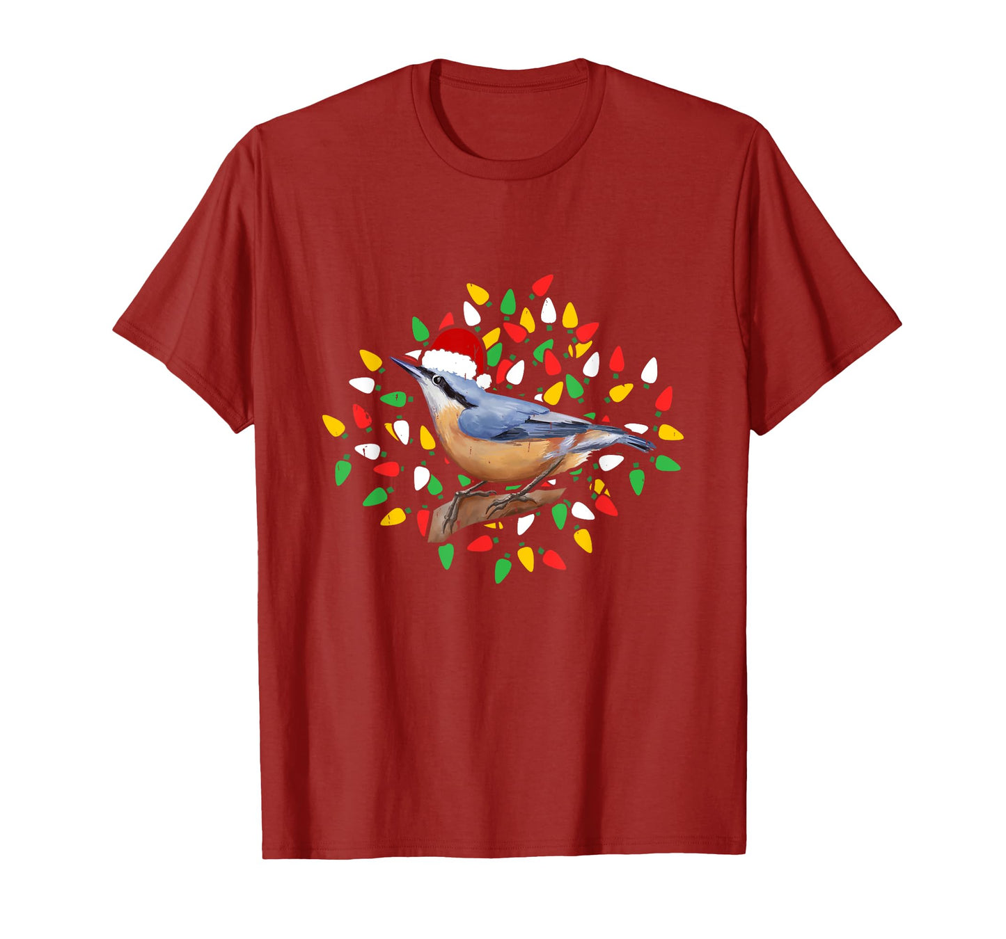 Holiday Xmas Lighting Santa Hat Red Breasted Nuthatch Bird T-Shirt