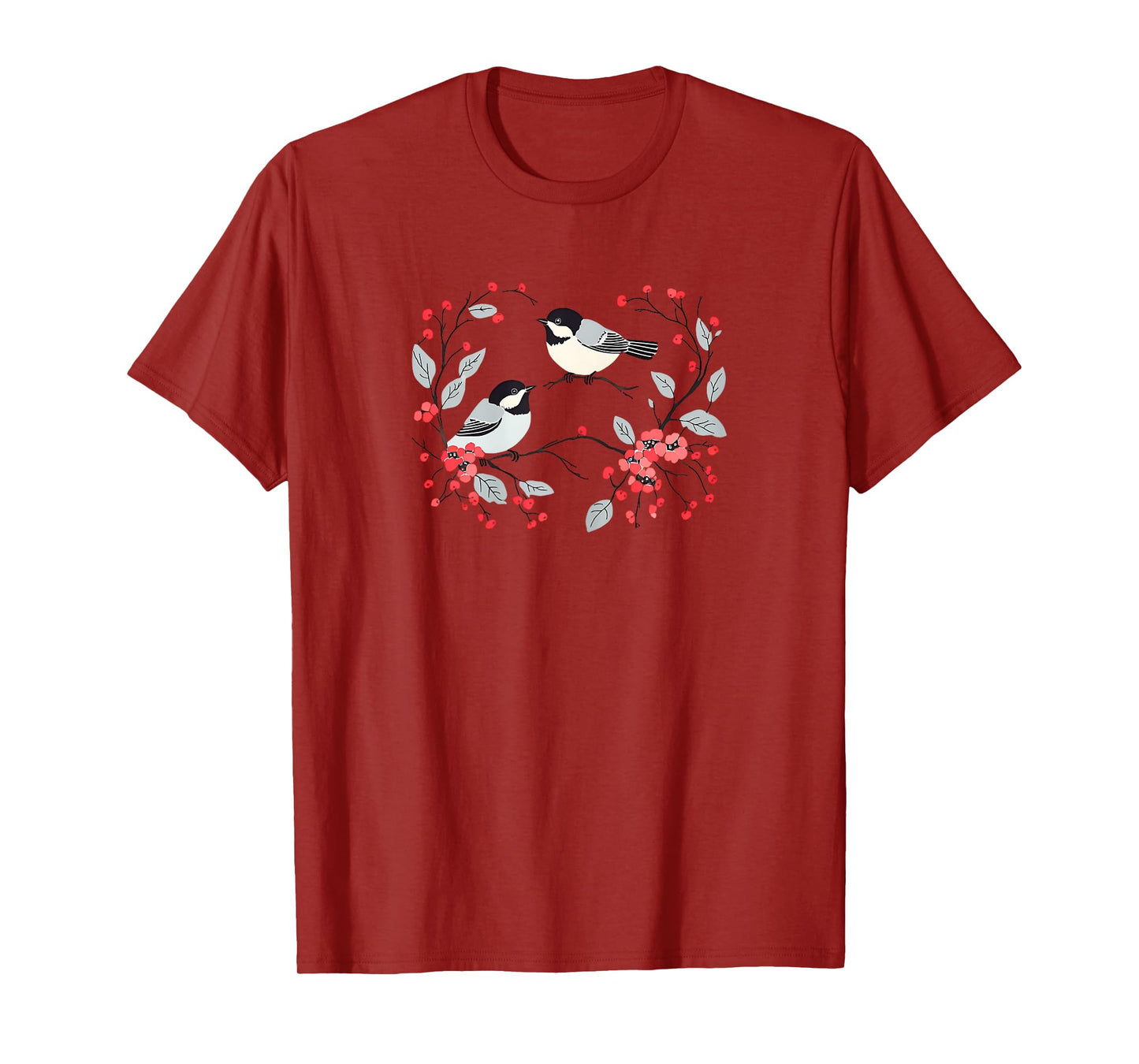 Romantic Chickadees Floral Wreath and Red Berries T-Shirt