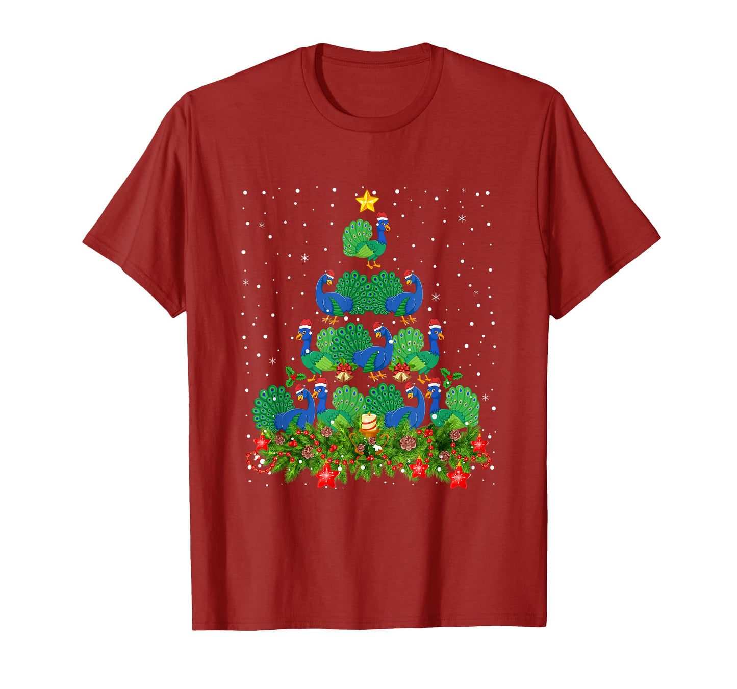 Peacock Bird Xmas Tree - Santa Hat Peacock Christmas T-Shirt