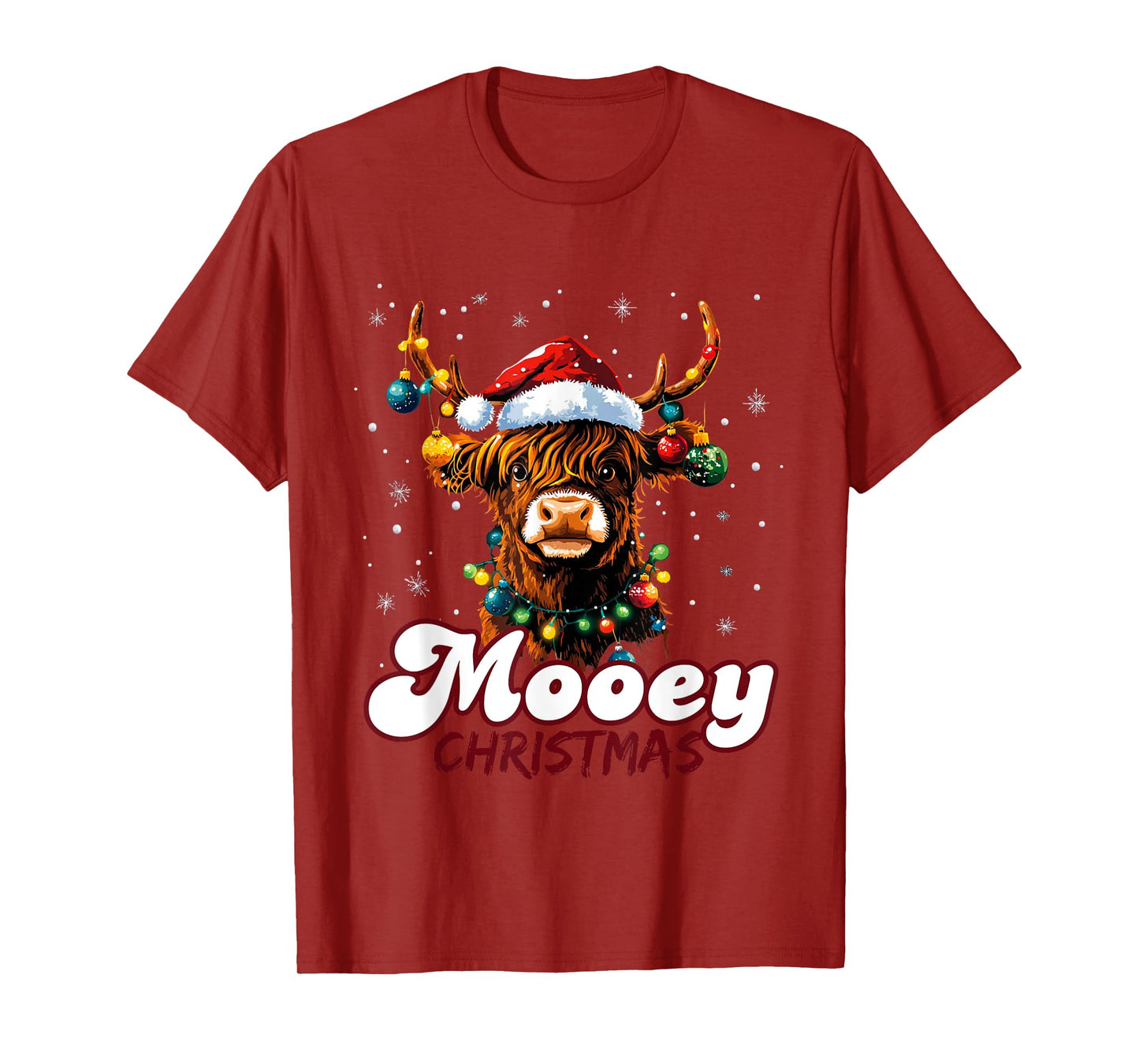 Mooey Christmas Highland Cow with Santa Hat and Xmas Lights T-Shirt