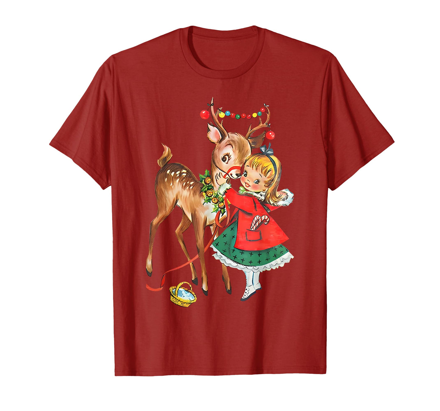 Vintage 1950s Old Fashioned Family Christmas Retro Christmas Reindeer And Girl Mid Century Xmas T-Shirt