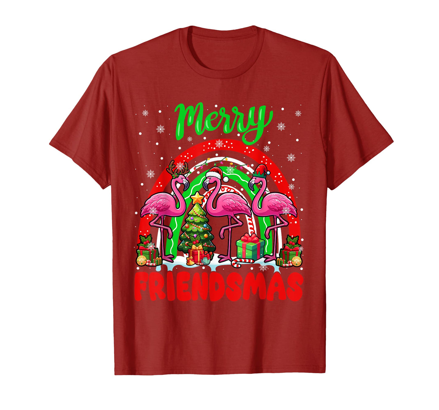 Merry Christmas Friends Three Santa Flamingos Rainbow T-Shirt
