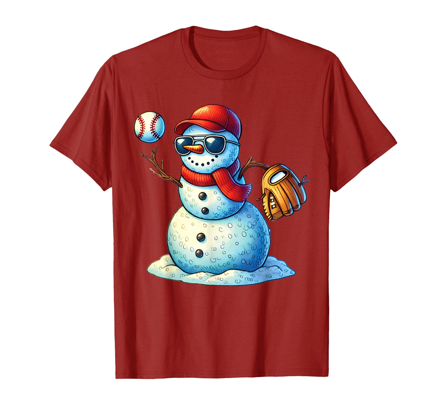 Snowman Playing Baseball as Pitcher Boys Teens Christmas T-Shirt