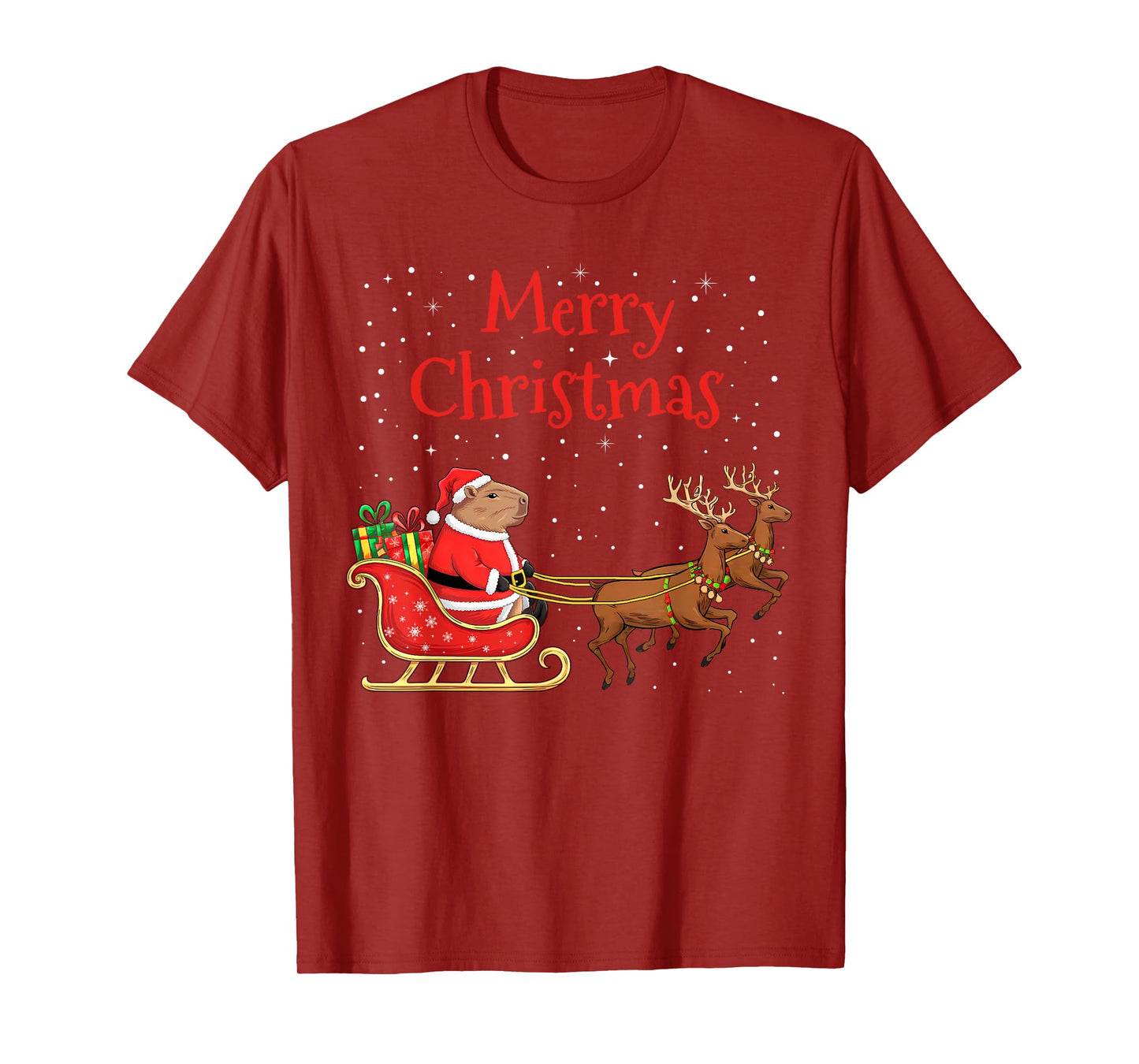 Merry Christmas Capybara Riding Santa Sleigh With Reindeer T-Shirt