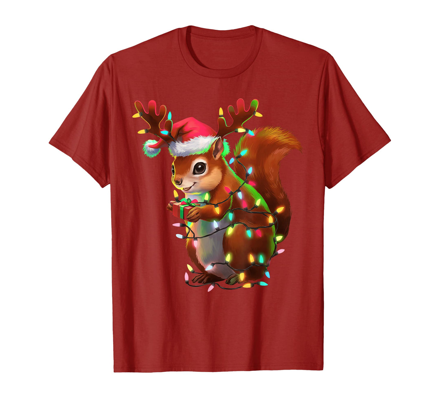 Christmas Squirrel Lights Santa Hat Xmas Family Men Women T-Shirt