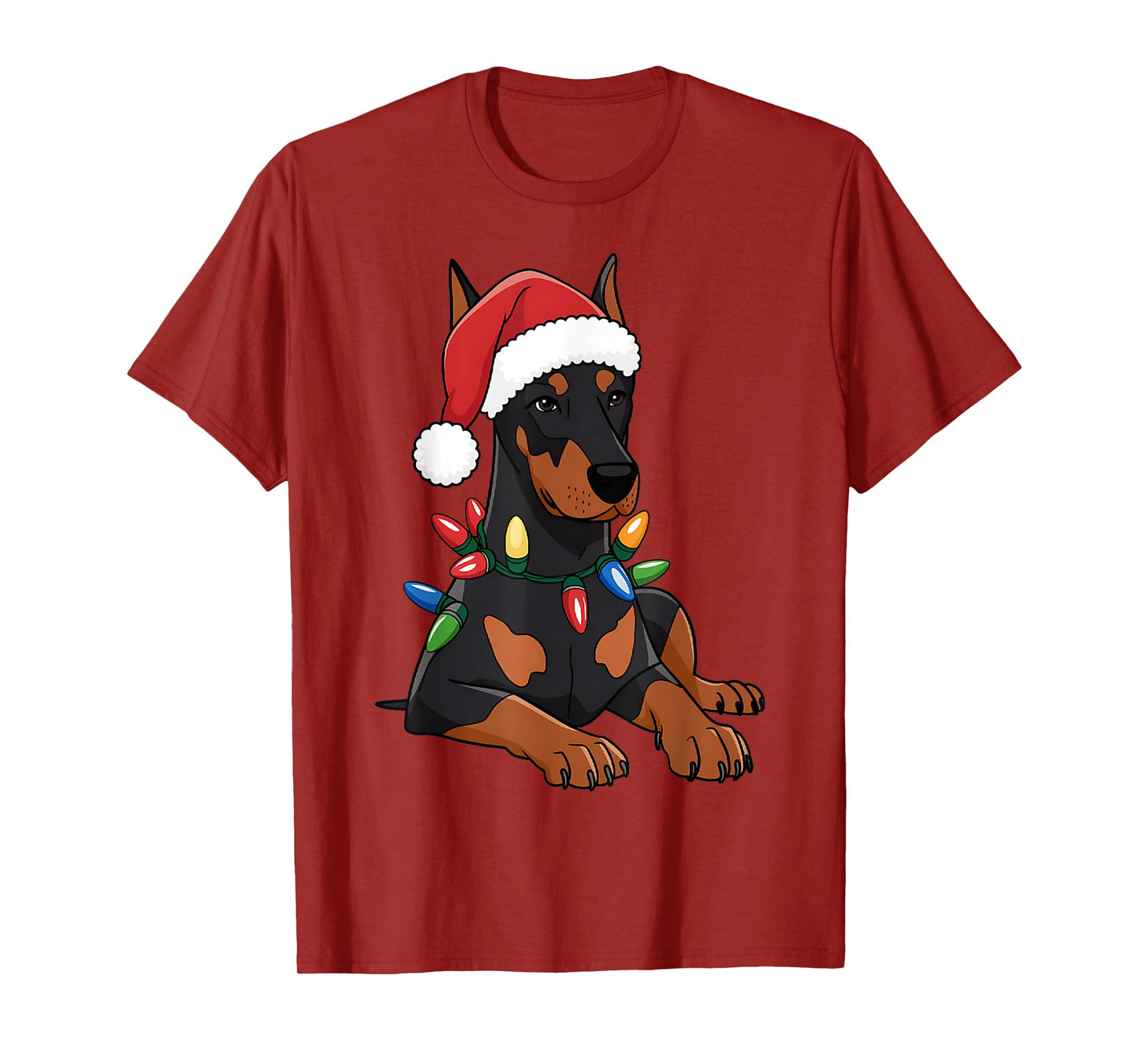Doberman Santa Christmas Lights Dog Lover Xmas Men Women T-Shirt