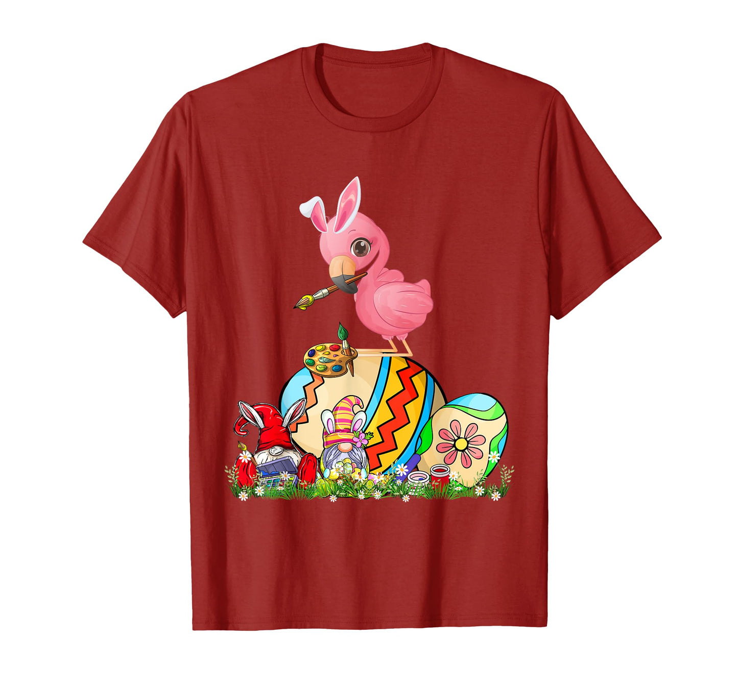 Easter Bunny Flamingo With Gnomes Painting Chocolate Eggs T-Shirt
