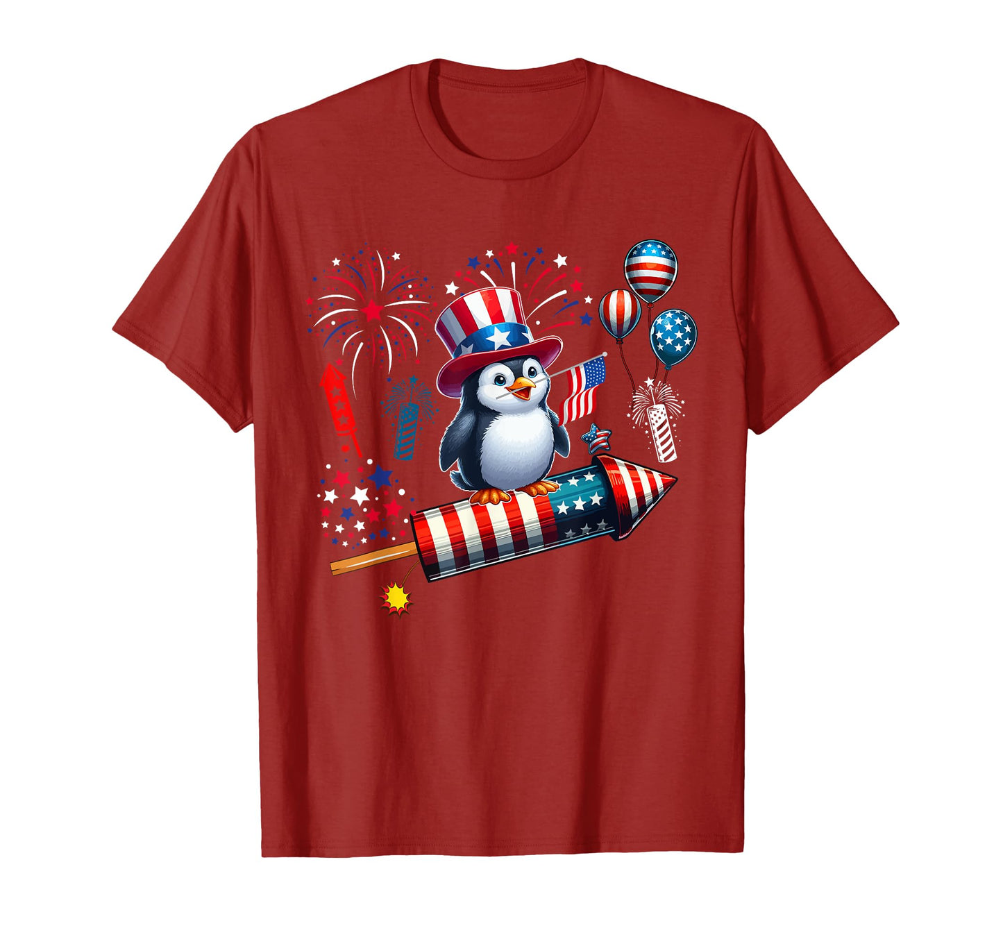 Penguin Riding Firecracker 4th Of July Bird Proud Flag T-Shirt